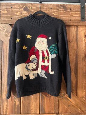 Vintage Talbots Christmas Santa Polar Bear Intarsia Knit Mockneck Sweater Sz M